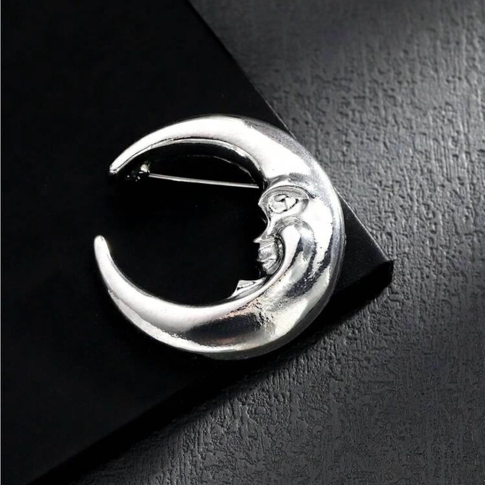 Gothic Vintage inspired Moon Brooch Silver Tone engraved face detailing
